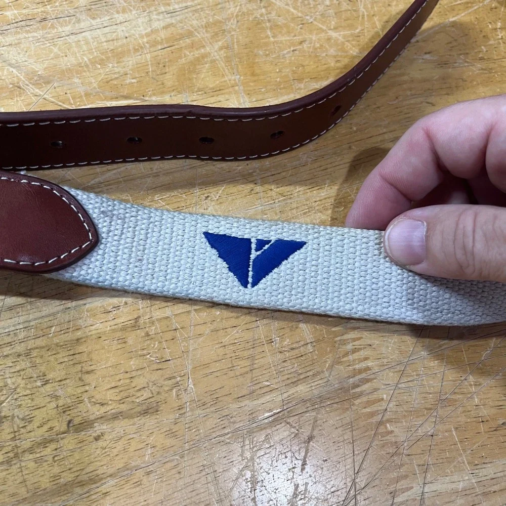 Peter Millar Mens Canvas Leather Belt Beige Brown Made in USA Size 42 Vtg Style